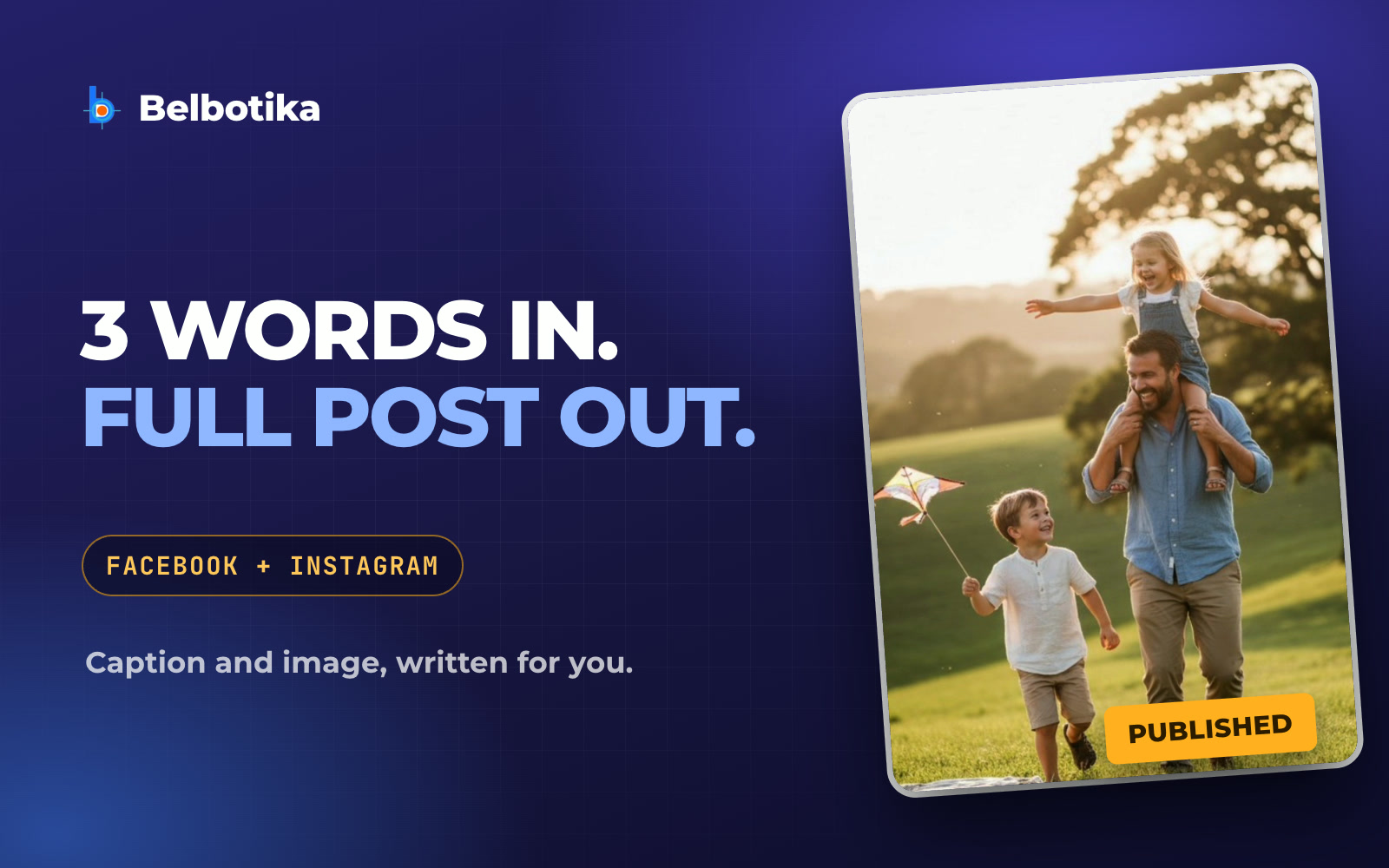 Belbotika: three words in, a full post out - published to Facebook and Instagram